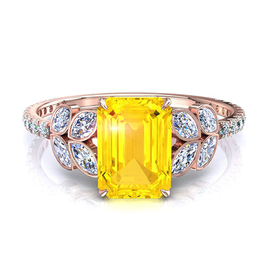 Solitaire saphir jaune Émeraude et diamants marquises 1.00 carat Angela A / SI / Or Rose 18 carats