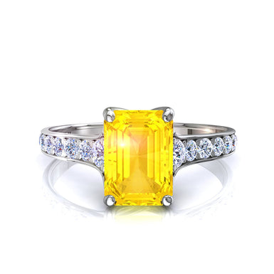 Anello zaffiro giallo smeraldo e diamanti tondi 0.60 carati Cindirella A / SI / Oro bianco 18k