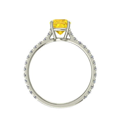 Anello di fidanzamento Cindirella in oro bianco 0.70 carati con zaffiro giallo smeraldo e diamanti tondi