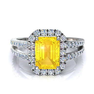 Solitario zaffiro giallo smeraldo e diamanti tondi 1.10 carati Genova A/SI/oro bianco 18k