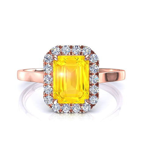 Bague saphir jaune Émeraude et diamants ronds 1.40 carat or rose Capri