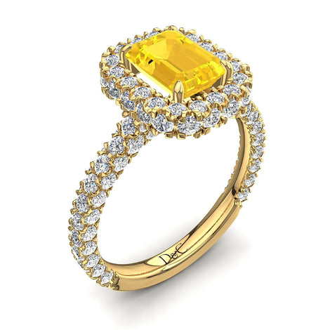 Anello di fidanzamento smeraldo zaffiro giallo e diamanti tondi oro giallo 1.50 carati Viviane