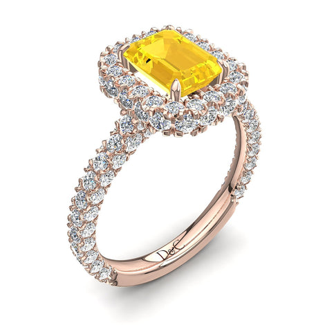 Bague saphir jaune Émeraude et diamants ronds 1.50 carat or rose Viviane