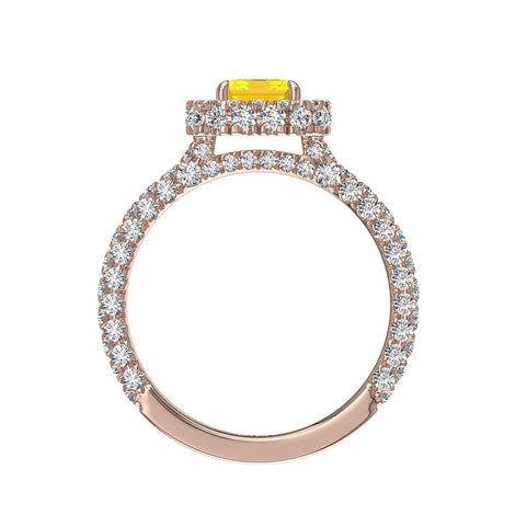 Solitario zaffiro giallo smeraldo e diamanti tondi Viviane in oro rosa 1.70 carati