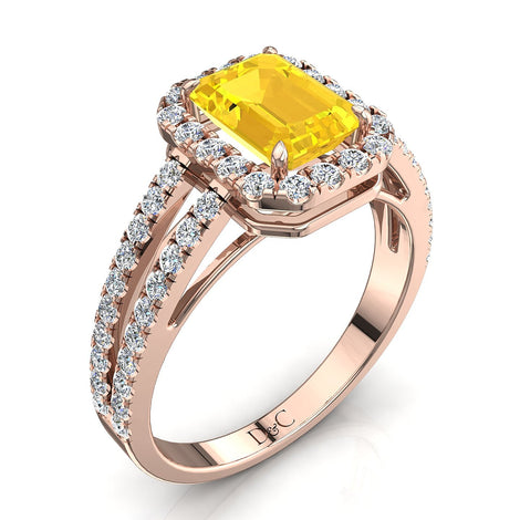 Bague de fiançailles saphir jaune Émeraude et diamants ronds 1.80 carat or rose Genova
