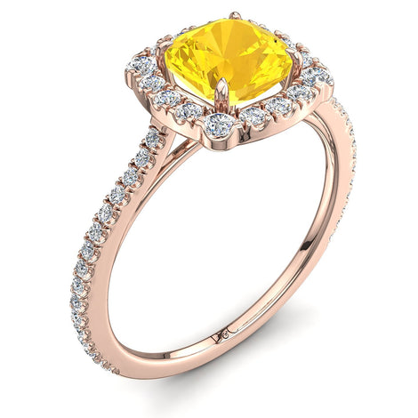 Solitaire saphir jaune coussin et diamants ronds 1.30 carat or rose Alida