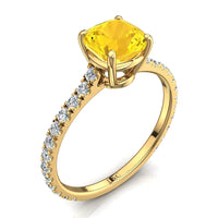 Solitaire saphir jaune coussin et diamants ronds 2.30 carats or jaune Jenny