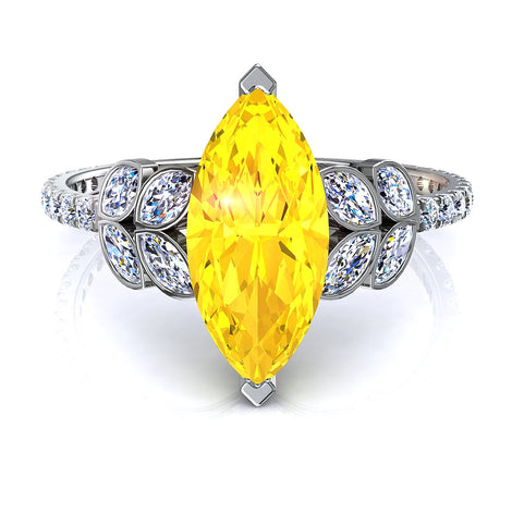 Solitaire saphir jaune marquise et diamants marquises 1.60 carat or blanc Angela