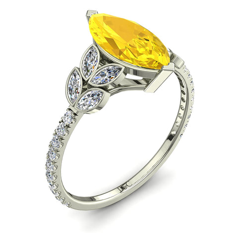 Solitaire saphir jaune marquise et diamants marquises 1.60 carat or blanc Angela