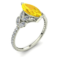 Bague de fiançailles saphir jaune marquise et diamants marquises 1.80 carat or blanc Angela