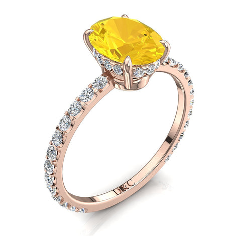 Bague de fiançailles saphir jaune ovale et diamants ronds 1.00 carat or rose Valentine