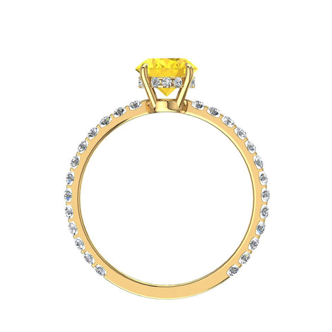 Solitario zaffiro giallo ovale e diamanti tondi San Valentino in oro giallo 1.40 carati