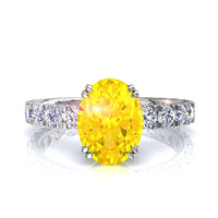 Solitario zaffiro giallo ovale e diamanti tondi 3.00 carati oro bianco Valentina