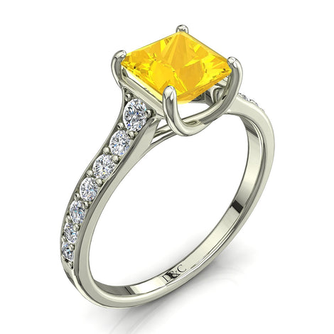 Solitaire saphir jaune princesse et diamants ronds 1.20 carat or blanc Cindirella