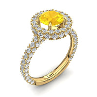 Solitario zaffiro giallo tondo e diamanti tondi Viviane in oro giallo 1.50 carati