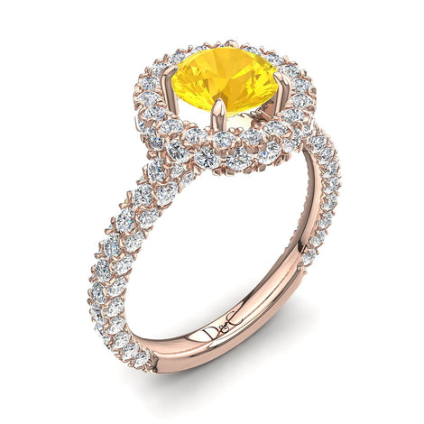 Anello con zaffiro giallo tondo e diamanti tondi Viviane in oro rosa 2.00 carati