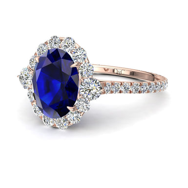 Anello di fidanzamento Alexandrina con zaffiro ovale da 1.00 carati e diamante tondo
