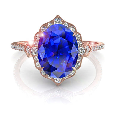 Anello di fidanzamento Anna con zaffiro ovale e diamante rotondo da 1.00 carati A / SI / oro rosa 18 carati