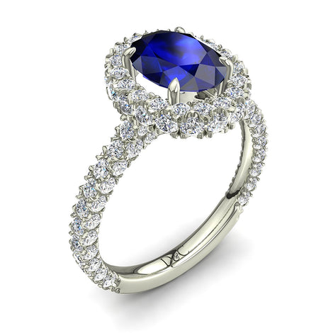 Anello di fidanzamento zaffiro ovale e diamanti tondi 3.00 carati oro bianco Viviane