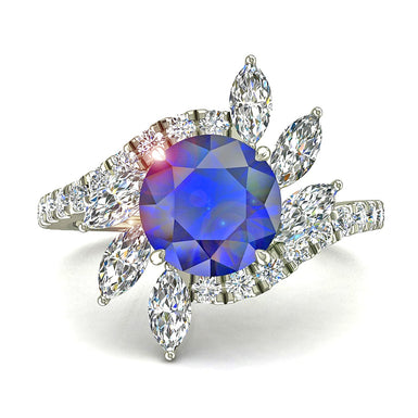 Bague de mariage saphir rond et diamants marquises et diamants ronds 1.70 carat Lisette A / SI / Platine