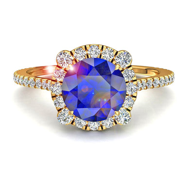 Round sapphire ring and round diamonds 0.90 carat Alida A / SI / 18k Yellow Gold
