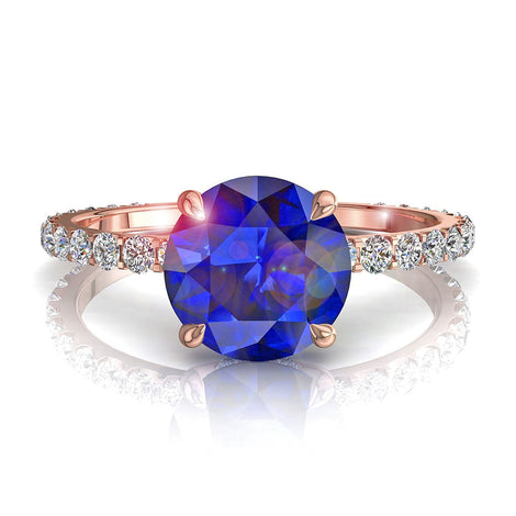 Anello di fidanzamento con zaffiro tondo e diamanti tondi in oro rosa 0.90 carati San Valentino