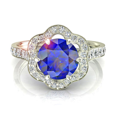 Ring round sapphire and round diamonds 1.10 carat Lily A / SI / 18k White Gold