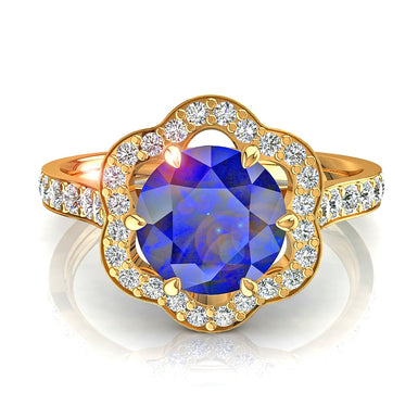 Round sapphire ring and round diamonds 1.10 carat Lily A / SI / 18k Yellow Gold