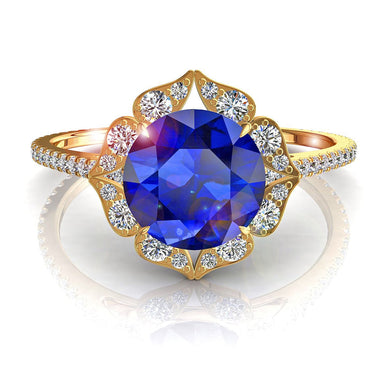 圆形蓝宝石戒指和圆形钻石 1.40 克拉 Arina A / SI / 18k 黄金