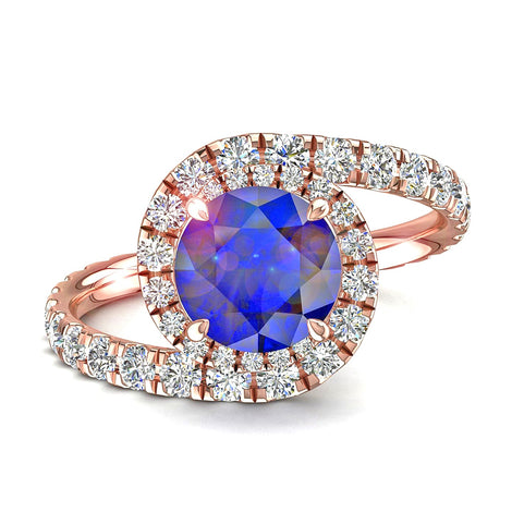 Anello di fidanzamento zaffiro tondo e diamanti tondi 1.50 carati oro rosa Elena