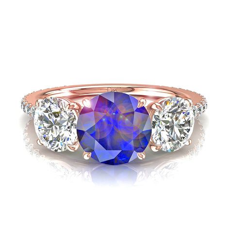 Anello di fidanzamento zaffiro tondo e diamanti tondi 2.30 carati oro rosa Azaria