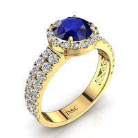 Anello di fidanzamento zaffiro tondo e diamanti tondi 2.70 carati oro giallo Portofino