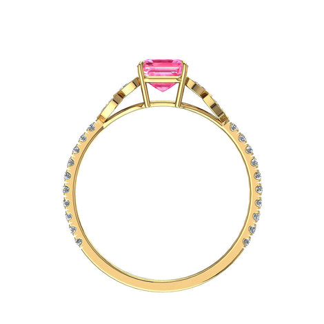 Anello di fidanzamento Angela in oro giallo 1.10 carati zaffiro rosa smeraldo e diamanti marquise
