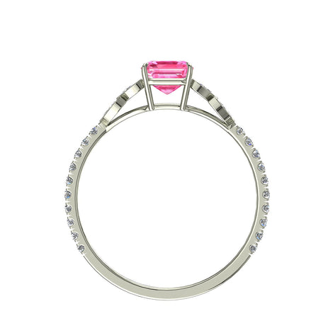 Anello di fidanzamento Angela in oro bianco 1.60 carati zaffiro rosa smeraldo e diamanti marquise