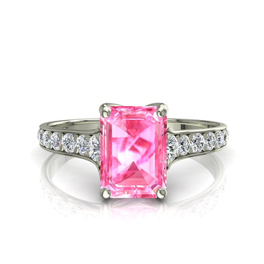 Cindirella Anello con zaffiro rosa smeraldo e diamanti tondi 0.50 carati A/SI/Oro bianco 18k