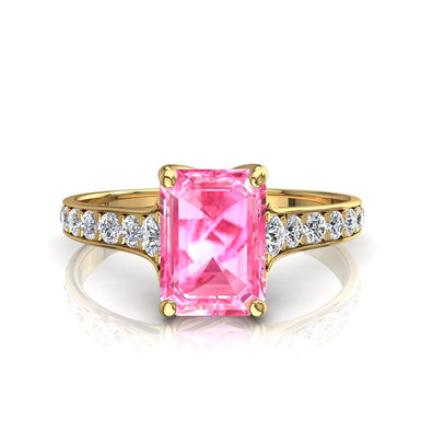 Cindirella Anello zaffiro rosa smeraldo e diamanti tondi 0.50 carati A / SI / Oro giallo 18k