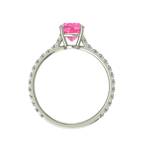 Anello di fidanzamento Cindirella in oro bianco 0.80 carati con zaffiro rosa smeraldo e diamanti tondi