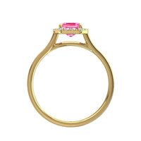 Bague de fiançailles saphir rose Émeraude et diamants ronds 0.90 carat or jaune Capri