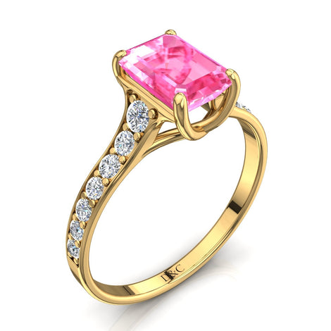 Solitario zaffiro rosa smeraldo e diamanti tondi Cindirella in oro giallo 0.90 carati