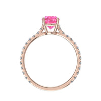 Anello di fidanzamento smeraldo zaffiro rosa e diamanti tondi Cindirella in oro rosa 0.90 carati