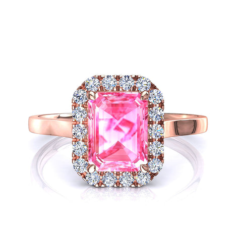 Bague de fiançailles saphir rose Émeraude et diamants ronds 1.40 carat or rose Capri