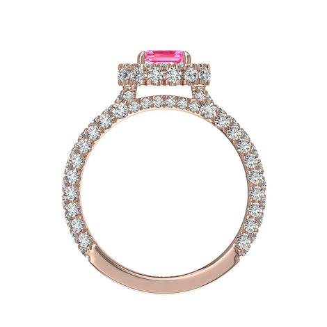 Solitario zaffiro rosa smeraldo e diamanti tondi Viviane oro rosa 2.00 carati