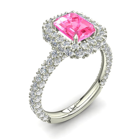 Solitario zaffiro rosa smeraldo e diamanti tondi Viviane in oro bianco 2.20 carati