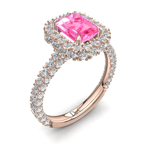 Anello di fidanzamento smeraldo zaffiro rosa e diamanti tondi 2.20 carati oro rosa Viviane