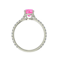 Anello di fidanzamento cuscino zaffiro rosa e diamanti tondi 0.80 carati oro bianco Jenny