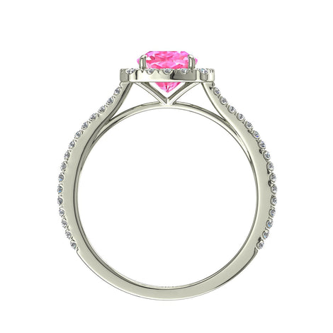 Anello con zaffiro rosa cushion e diamanti tondi Alida in oro bianco 2.60 carati