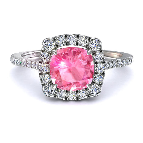 Anello di fidanzamento Alida in oro bianco 2.60 carati con zaffiri rosa cushion e diamanti tondi