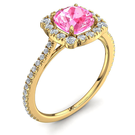 Anello di fidanzamento Alida in oro giallo 2.60 carati con zaffiri rosa cushion e diamanti tondi
