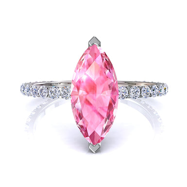 Bague de fiançailles saphir rose marquise et diamants ronds 1.00 carat Valentine A / SI / Or Blanc 18 carats