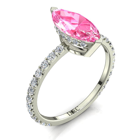 Anello di fidanzamento con zaffiro rosa marquise e diamanti tondi San Valentino in oro bianco 1.20 carati